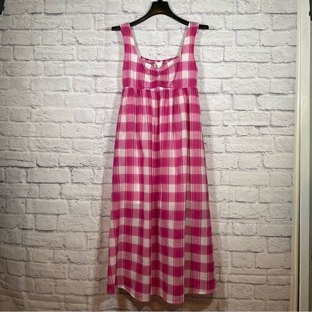 Caslon Smocked Back Pink & White Plaid Sleeveless Midi Dress Size Small